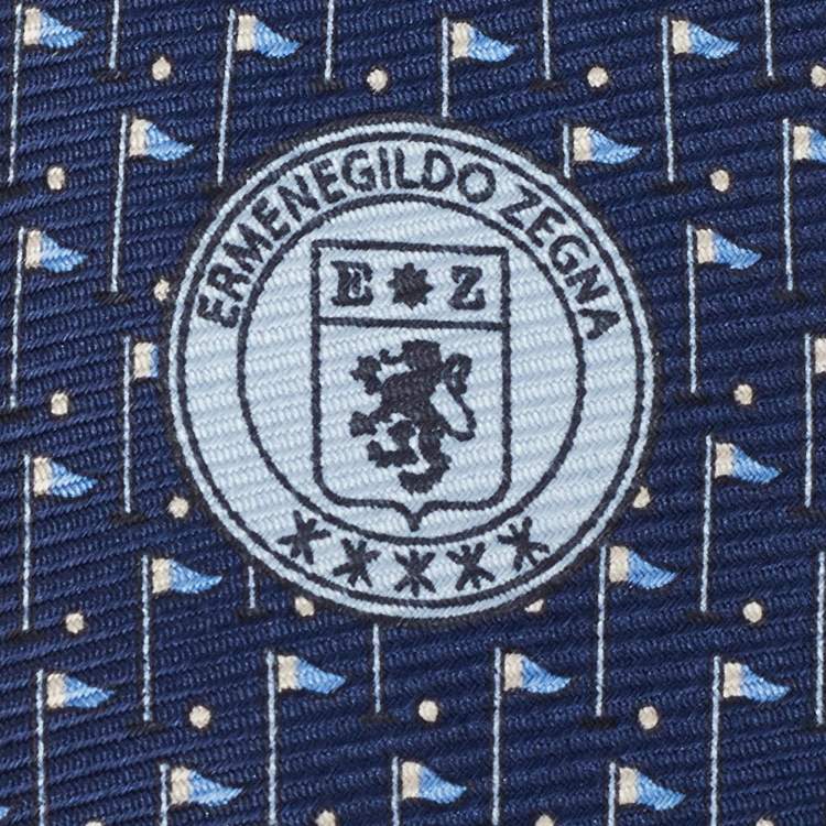 Pre Owned Ermenegildo Zegna Navy Blue Flag Print Silk Tie