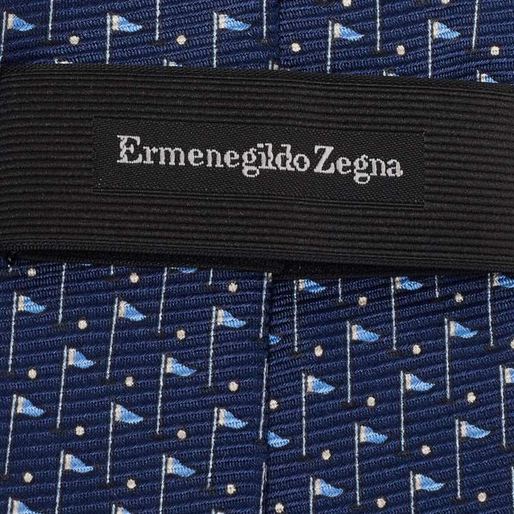 Pre Owned Ermenegildo Zegna Navy Blue Flag Print Silk Tie