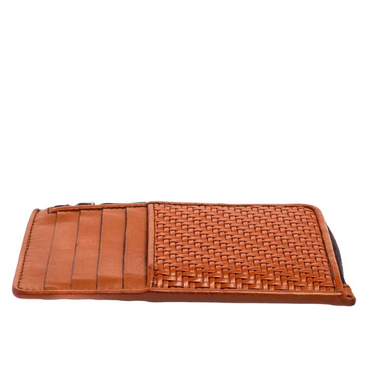 Pre Owned Ermenegildo Zegna Brown Woven Leather Pelle Tessuta Card Case