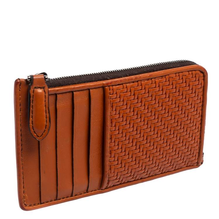 Pre Owned Ermenegildo Zegna Brown Woven Leather Pelle Tessuta Card Case