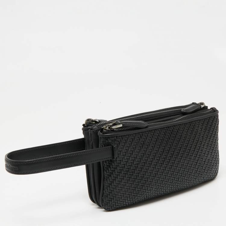 Pre Owned Ermenegildo Zegna Black Woven Leather Pelletessuta Zip Pouch 