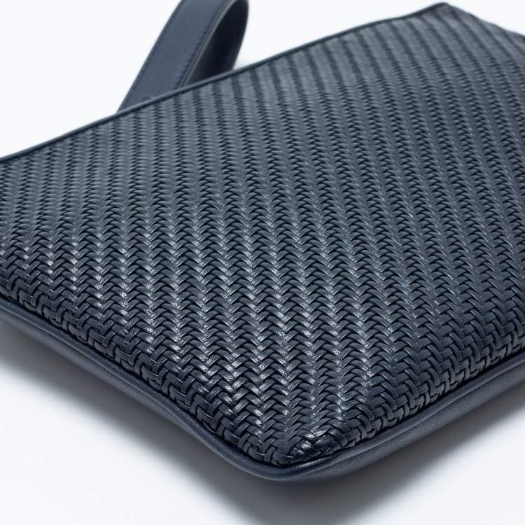 Pre Owned Ermenegildo Zegna Navy Blue Woven Leather Wristlet Pouch