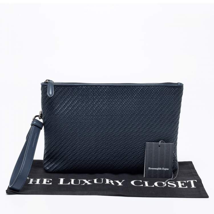 Pre Owned Ermenegildo Zegna Navy Blue Woven Leather Wristlet Pouch