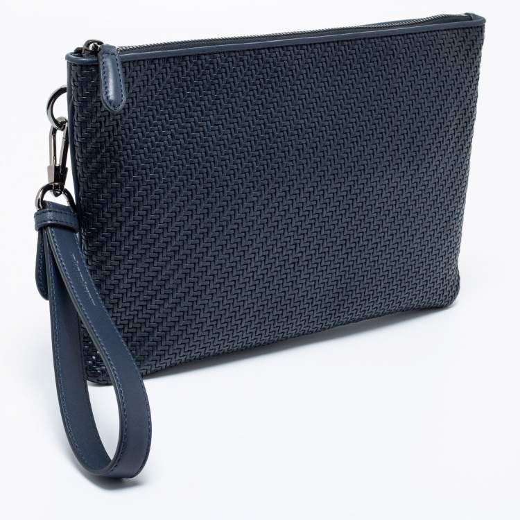 Pre Owned Ermenegildo Zegna Navy Blue Woven Leather Wristlet Pouch