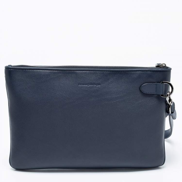 Pre Owned Ermenegildo Zegna Navy Blue Woven Leather Wristlet Pouch