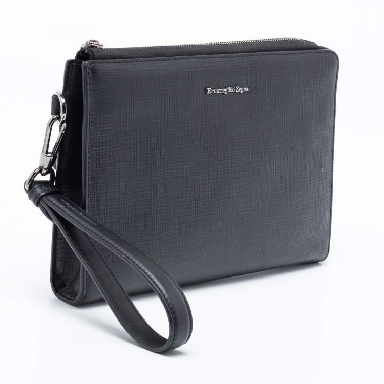 Pre Owned Ermenegildo Zegna Black Leather Wristlet Pouch