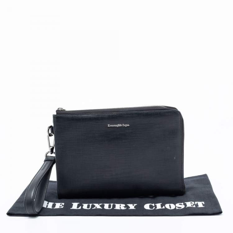 Pre Owned Ermenegildo Zegna Black Leather Wristlet Pouch