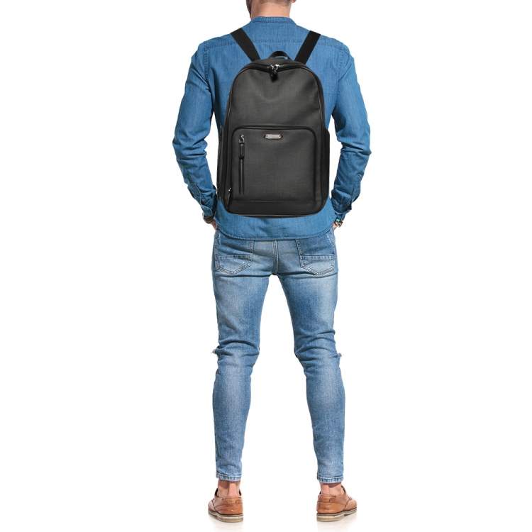 Pre Owned Ermenegildo Zegna Black/Grey Coated Canvas and Leather Backpack