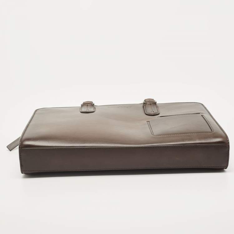 Pre Owned Ermenegildo Zegna Dark Brown Leather Zip Briefcase Bag