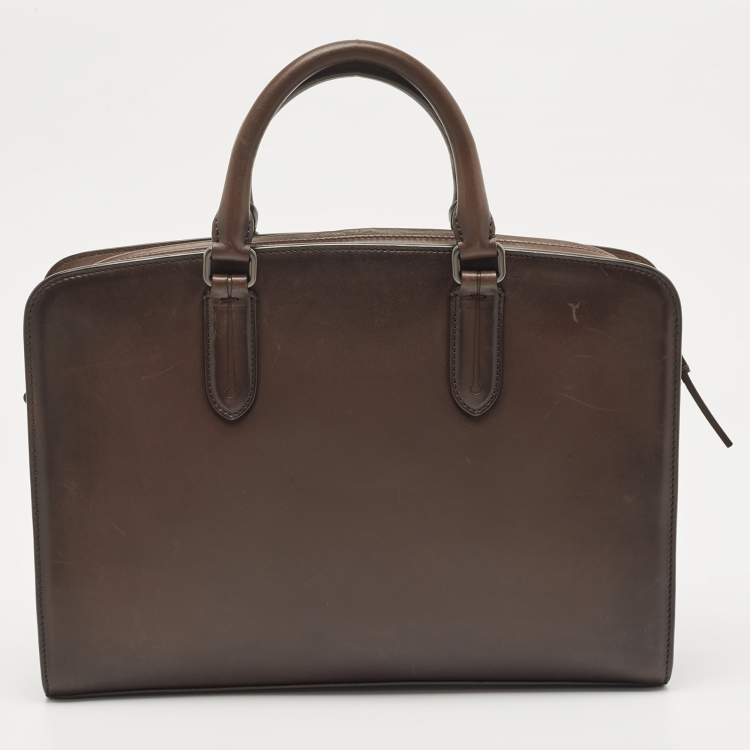 Pre Owned Ermenegildo Zegna Dark Brown Leather Zip Briefcase Bag