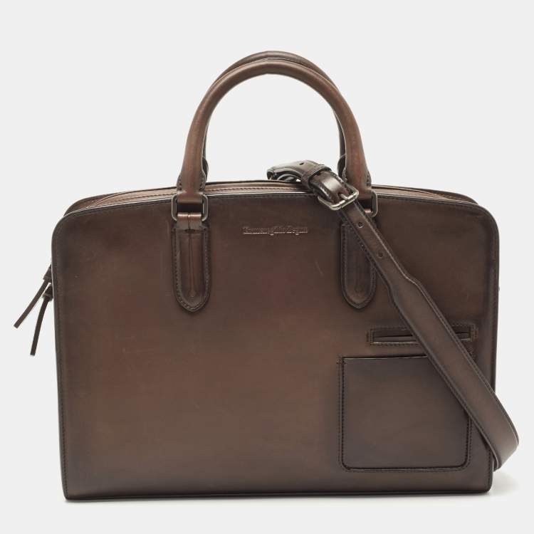 Ermenegildo Zegna Dark Brown Leather Zip Briefcase Bag Ermenegildo ...