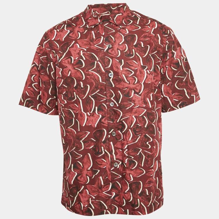 Pre Owned Ermenegildo Zegna Red Floral Print Cotton Short Sleeve Shirt L