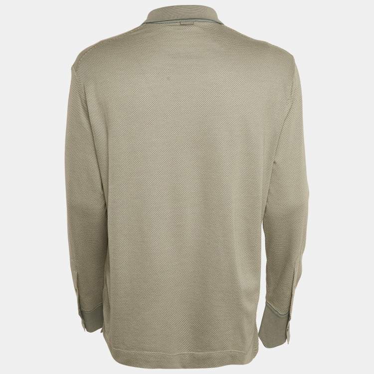 Pre Owned Zegna Grey Cotton & Silk Knit Long Sleeve Polo T-Shirt L