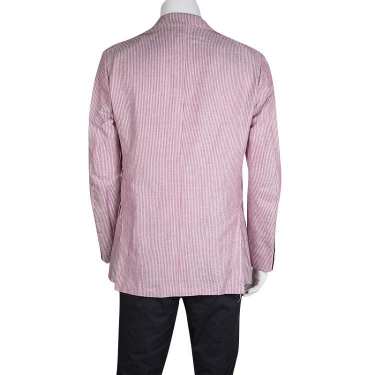 Pre Owned Ermenegildo Zegna Dark Pink and White Striped Linen Blend Resort Jacket L