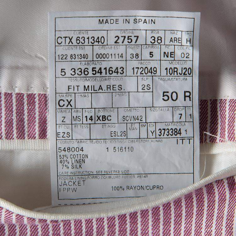 Pre Owned Ermenegildo Zegna Dark Pink and White Striped Linen Blend Resort Jacket L
