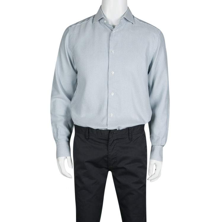 Pre Owned Ermenegildo Zegna Couture Blue and White Patterned Cotton Long Sleeve Shirt XL