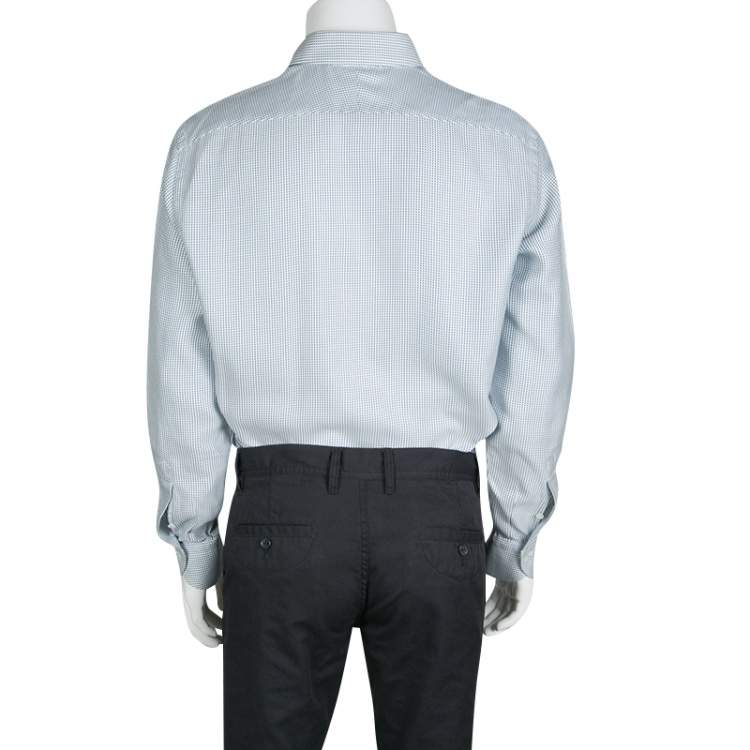 Pre Owned Ermenegildo Zegna Couture Blue and White Patterned Cotton Long Sleeve Shirt XL