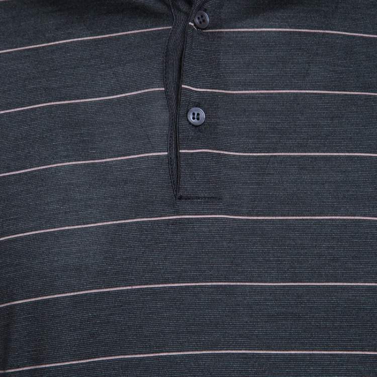 Pre Owned Ermenegildo Zegna Silk Grey and Pink Striped Polo T-Shirt L