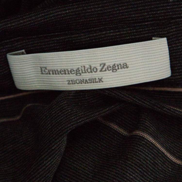 Pre Owned Ermenegildo Zegna Silk Grey and Pink Striped Polo T-Shirt L