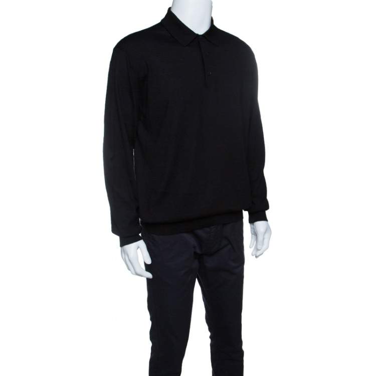 Pre Owned Ermenegildo Zegna Black Cashseta Light  Ribbed Trim Collared Sweater XXL