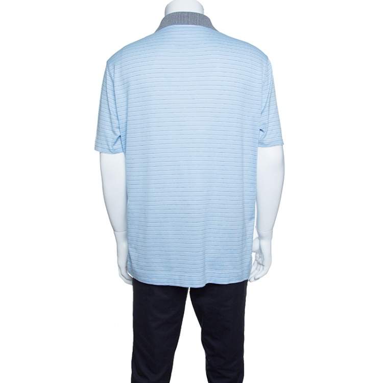 Pre Owned Ermenegildo Zegna Sky Blue Striped Cotton Contrast Collar Polo T-Shirt XXL