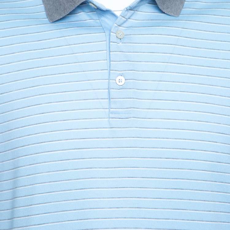 Pre Owned Ermenegildo Zegna Sky Blue Striped Cotton Contrast Collar Polo T-Shirt XXL