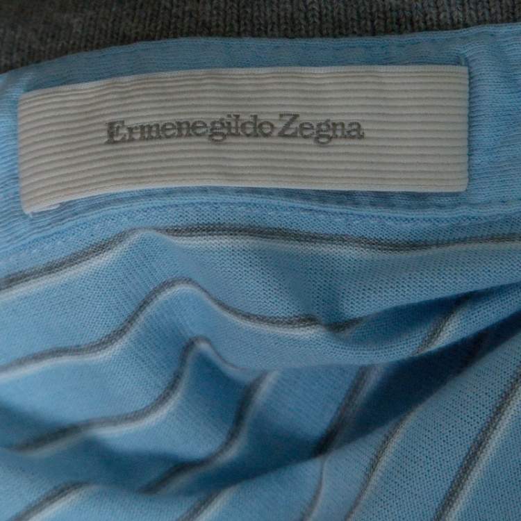 Pre Owned Ermenegildo Zegna Sky Blue Striped Cotton Contrast Collar Polo T-Shirt XXL