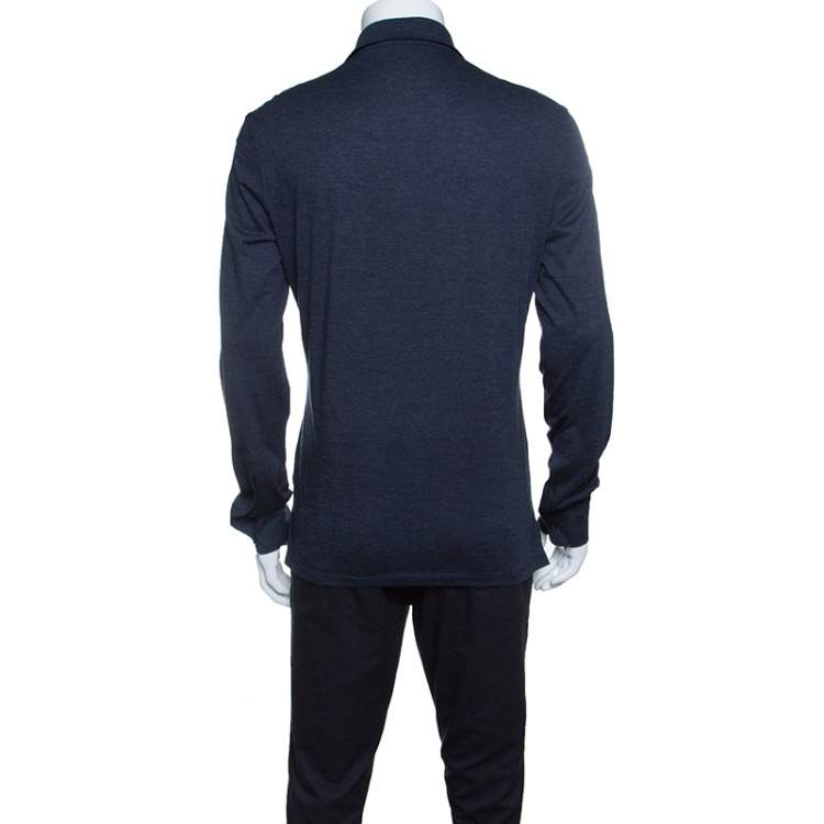 Pre Owned Ermenegildo Zegna Navy Blue Wool Cotton Knit long Sleeve Polo T-Shirt S