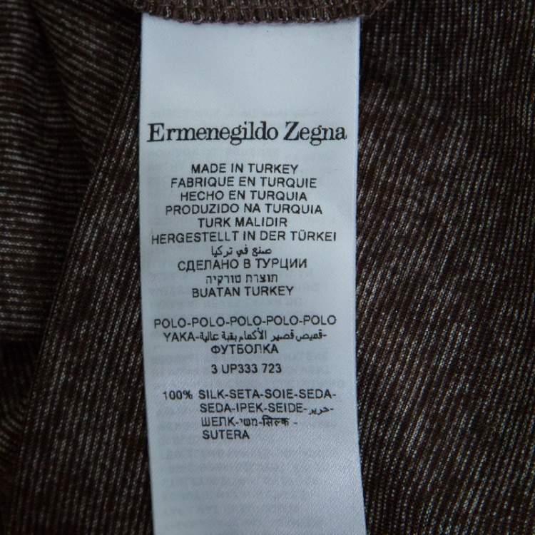 Pre Owned Ermenegildo Zegna Brown and White Silk Polo T-Shirt M