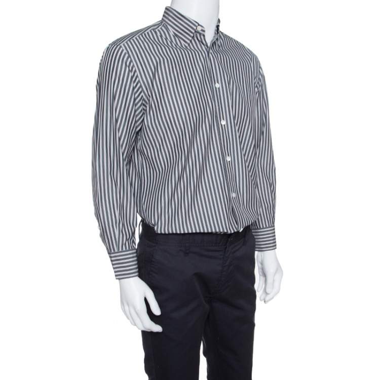 مملوكة مسبقًا Ermenegildo Zegna Grey Striped Cotton Button Down Long Sleeve Shirt L