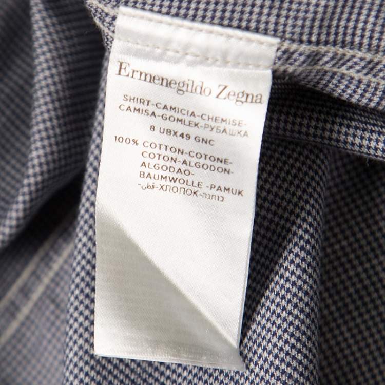Pre Owned Ermenegildo Zegna Navy Blue and Grey Houndstooth Pattern Button Down Shirt XL