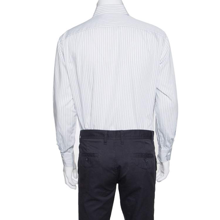 Pre Owned Ermenegildo Zegna Light Blue and Brown Striped Cotton Regular Fit Shirt L