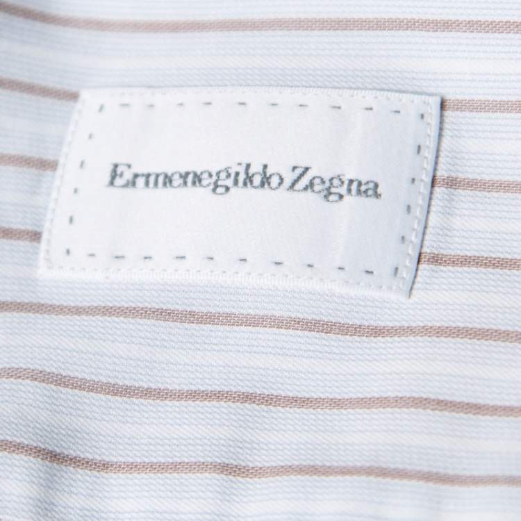 Pre Owned Ermenegildo Zegna Light Blue and Brown Striped Cotton Regular Fit Shirt L
