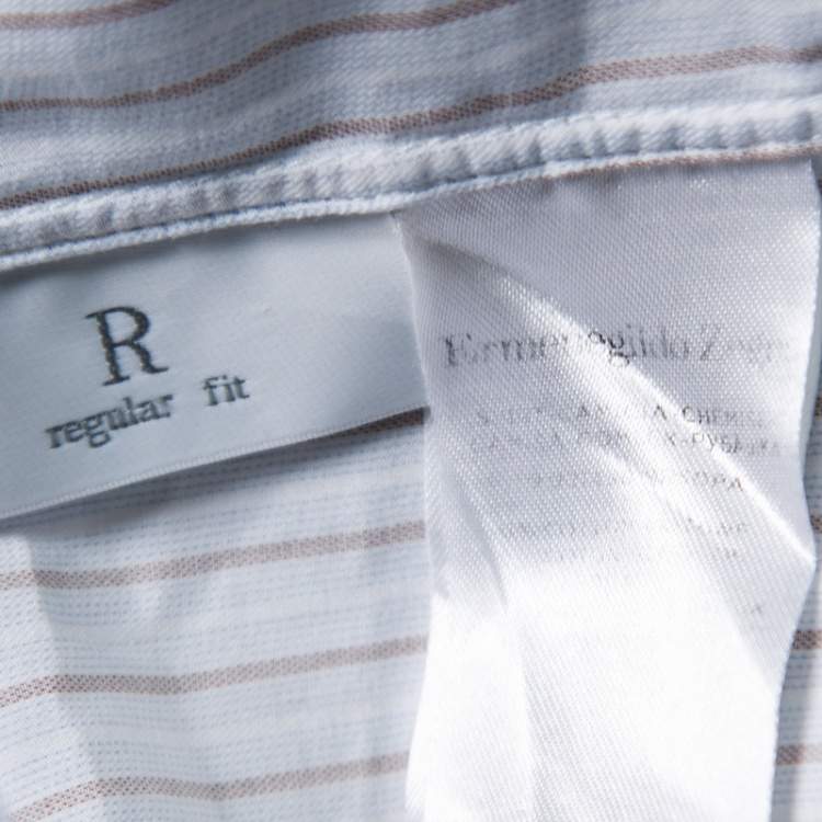 Pre Owned Ermenegildo Zegna Light Blue and Brown Striped Cotton Regular Fit Shirt L