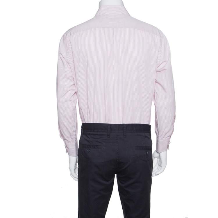 Pre Owned Ermenegildo Zegna White and Pink Striped Cotton Slim Fit Shirt XXL