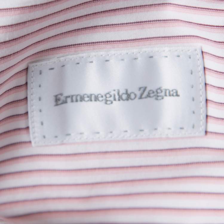 Pre Owned Ermenegildo Zegna White and Pink Striped Cotton Slim Fit Shirt XXL