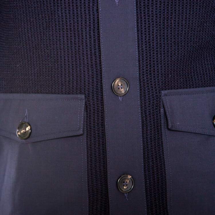 Pre Owned Ermenegildo Zegna High Performance Navy Blue Wool Leather Trim Detail Zip Front Cardigan S