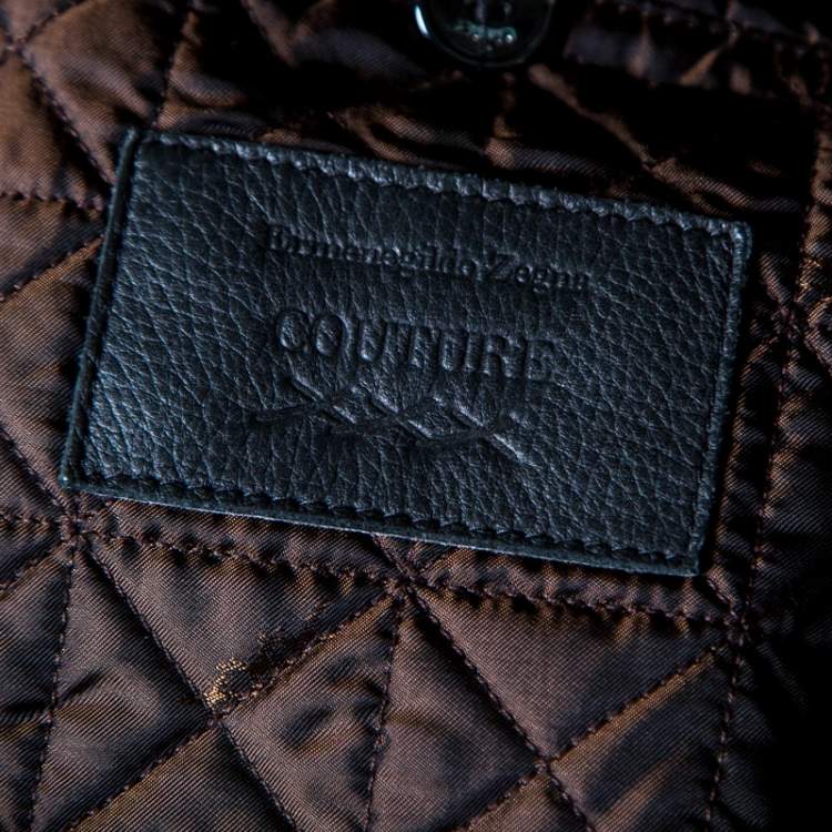 Pre Owned Ermenegildo Zegna Black Mink Fur Collar Detail Zip Front Deer Leather Jacket 3XL