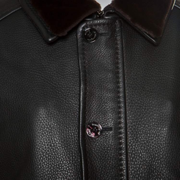 Pre Owned Ermenegildo Zegna Black Mink Fur Collar Detail Zip Front Deer Leather Jacket 3XL
