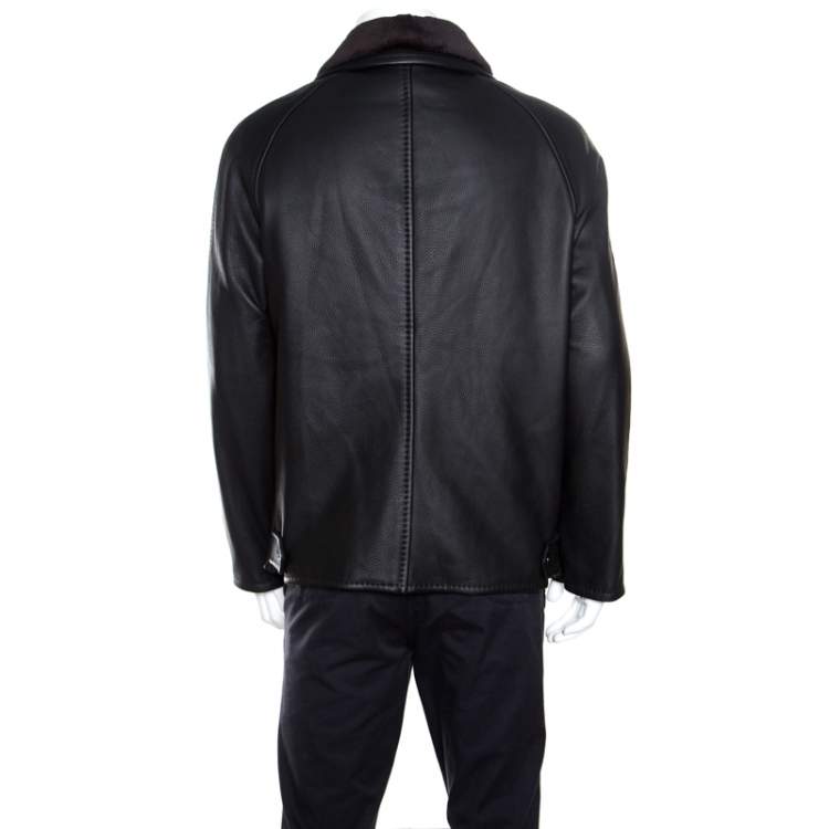 Pre Owned Ermenegildo Zegna Black Mink Fur Collar Detail Zip Front Deer Leather Jacket 3XL