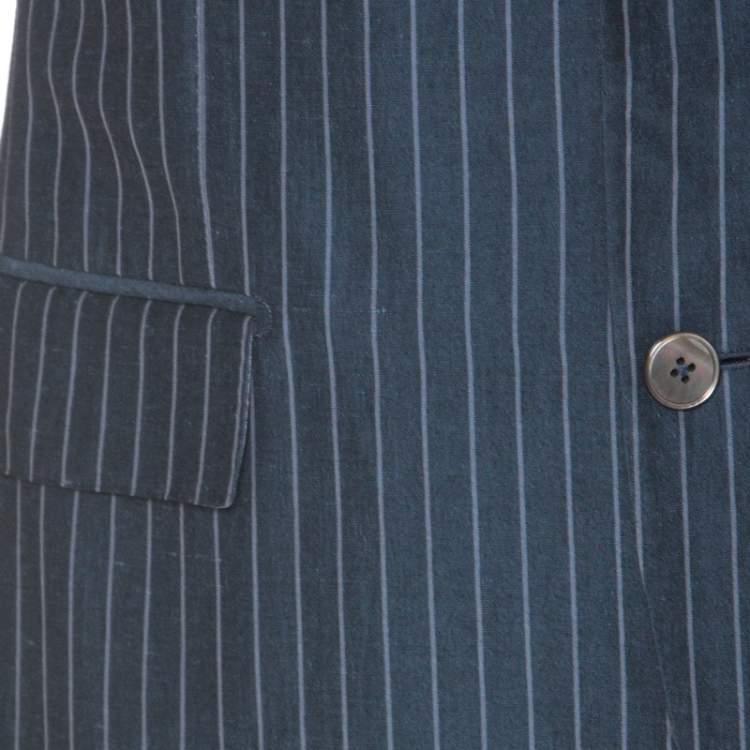 Pre Owned Ermenegildo Zegna Couture Blue Striped Linen and Silk Blend Regular Fit Suit L 