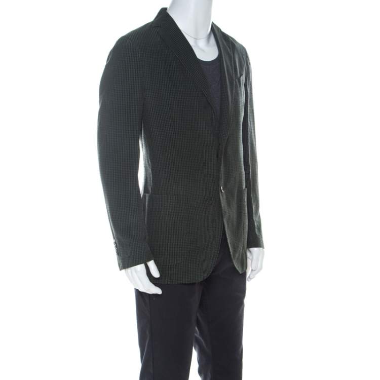 Pre Owned Ermenegildo Zegna Dark Green Checkered Seersucker Silk Regular Fit Blazer L 