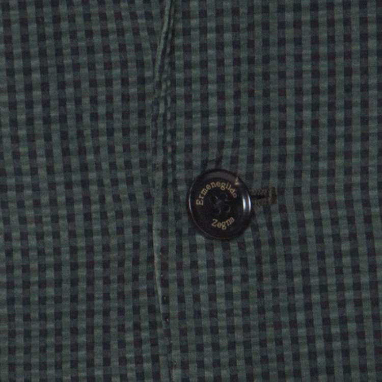 Pre Owned Ermenegildo Zegna Dark Green Checkered Seersucker Silk Regular Fit Blazer L 