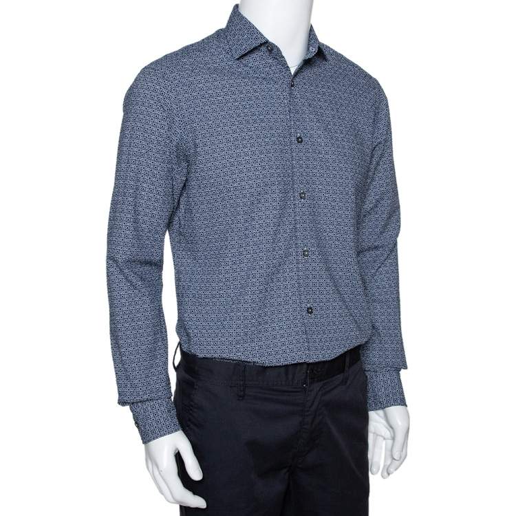 Pre Owned Ermenegildo Zegna Navy Blue Printed Seer Sucker Cotton Shirt M