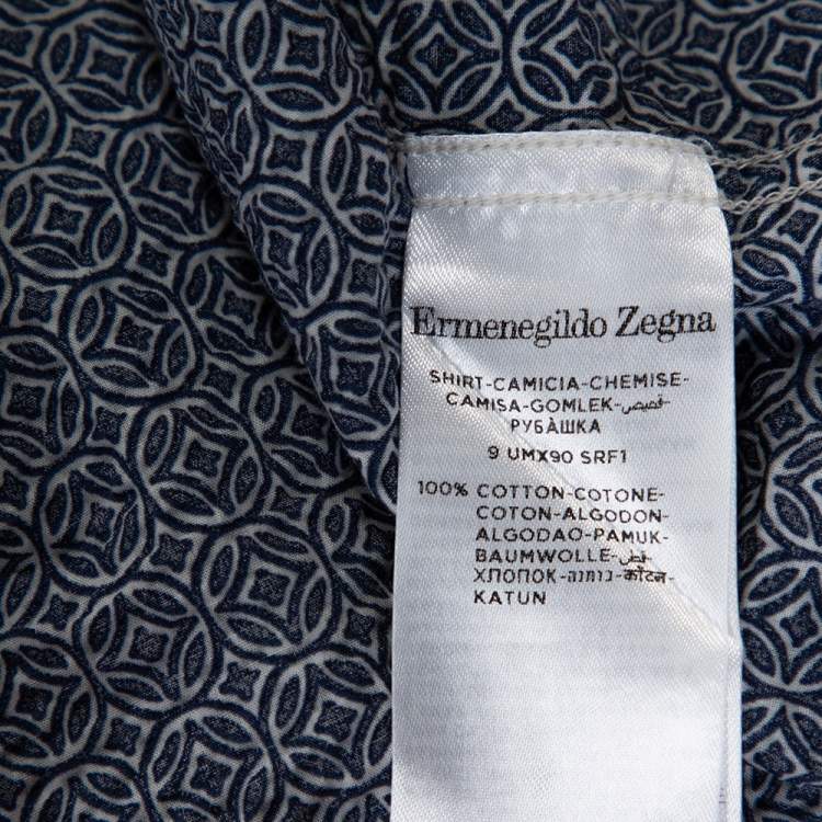Pre Owned Ermenegildo Zegna Navy Blue Printed Seer Sucker Cotton Shirt M