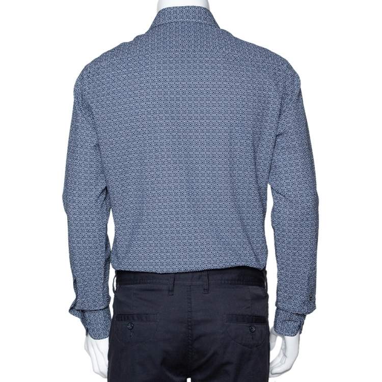 Pre Owned Ermenegildo Zegna Navy Blue Printed Seer Sucker Cotton Shirt M