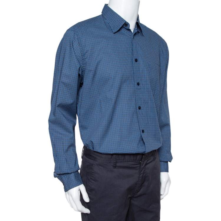 Pre Owned Ermenegildo Zegna Navy Blue Printed Cotton Button Front Shirt XL 
