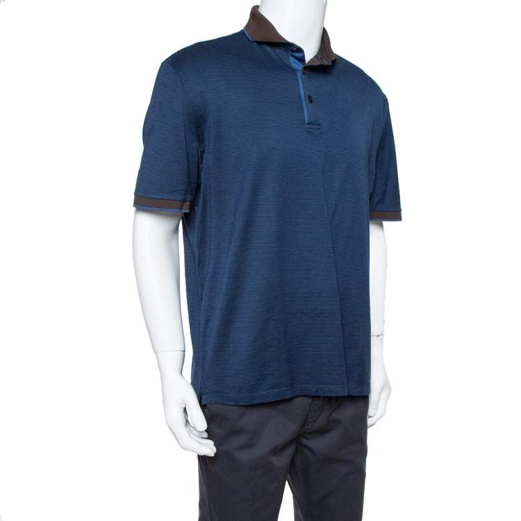 Pre Owned Ermenegildo Zegna Navy Blue Striped Knit Contrast Collar Detail Polo T Shirt 3XL