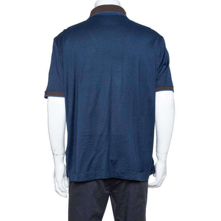 Pre Owned Ermenegildo Zegna Navy Blue Striped Knit Contrast Collar Detail Polo T Shirt 3XL