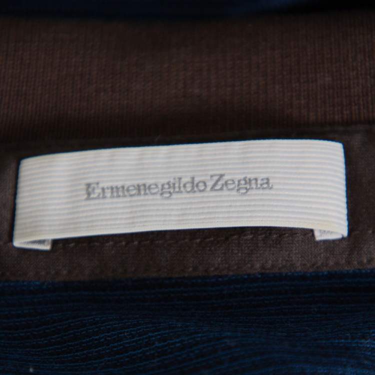 Pre Owned Ermenegildo Zegna Navy Blue Striped Knit Contrast Collar Detail Polo T Shirt 3XL
